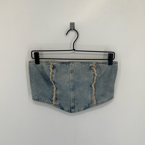 H&M Denim Strapless Frayed Seamed Rear Button Cropped Corset Top - Picture 1 of 6